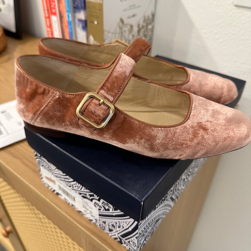 Blush Velvet Mary Jane Flats with Gold Buckle macayle